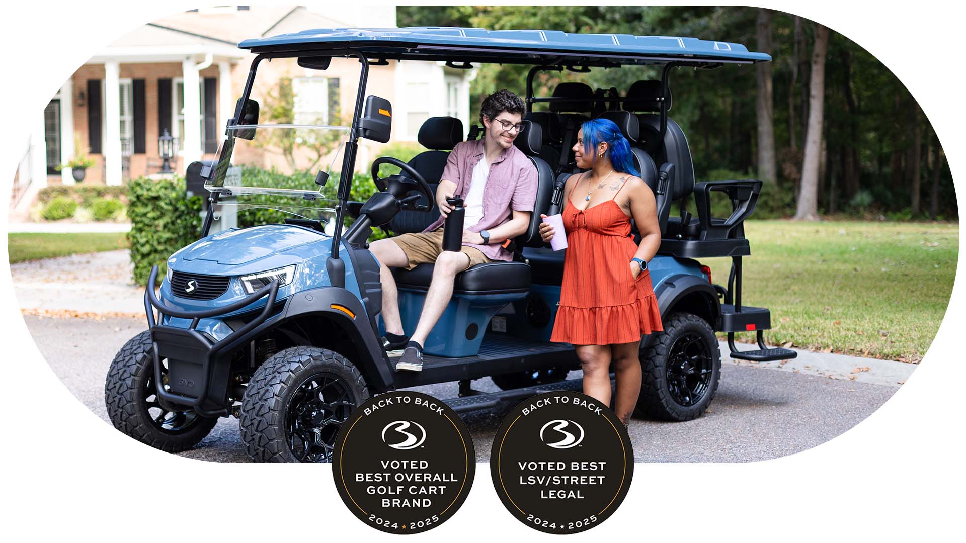 couple in the new sivo 6 seater lifted golf cart